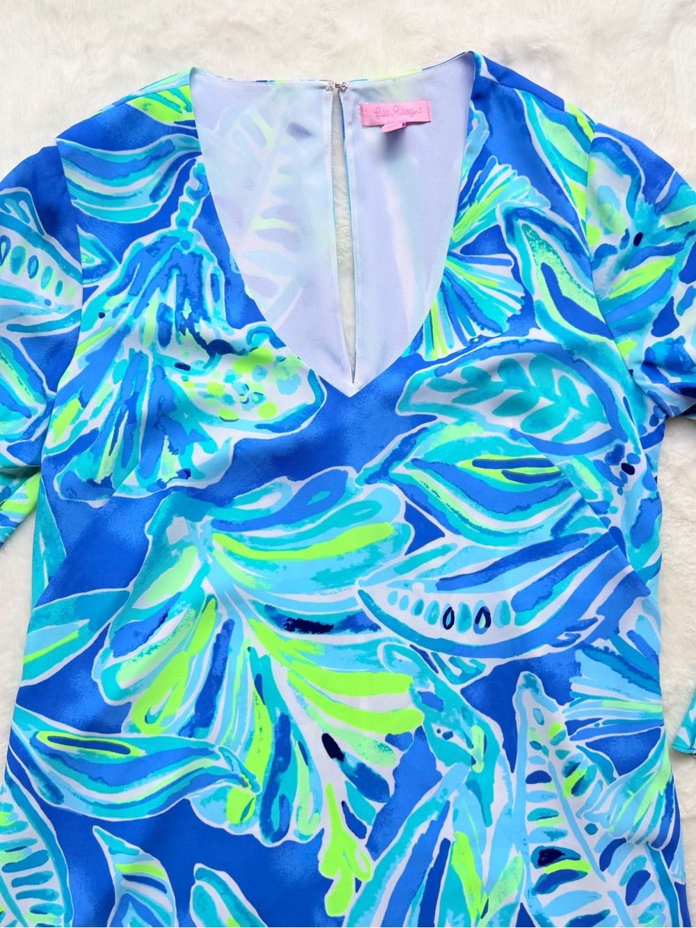 Lilly Pulitzer Blue Tropical Bell Sleeve Shift Dress Size 8 Resort Vacation - Picture 5 of 9